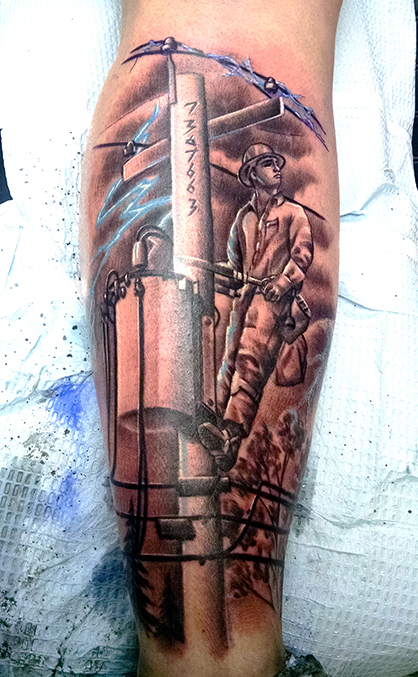 line man electricity sleeve WIP Maximilian Tattoo 